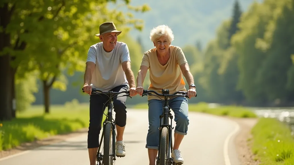 Senior couple cycling together on a tree-lined paved path along a river in sunlight