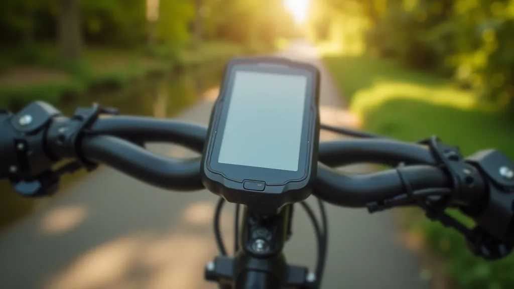 Close-up view of bike computer displaying distance and route information with river landscape blurred behind