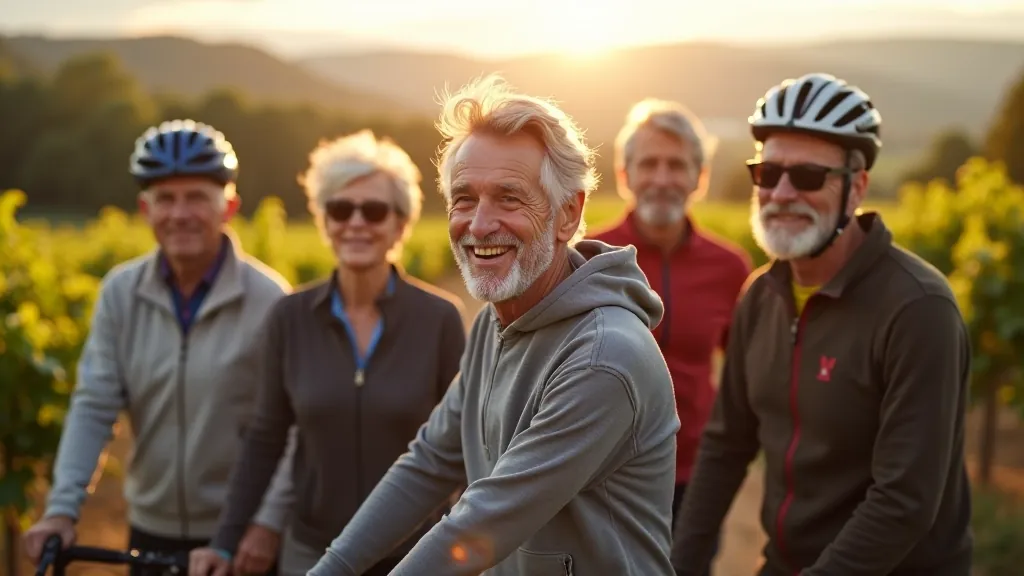 Group of senior cyclists riding together on wine trail through vineyards