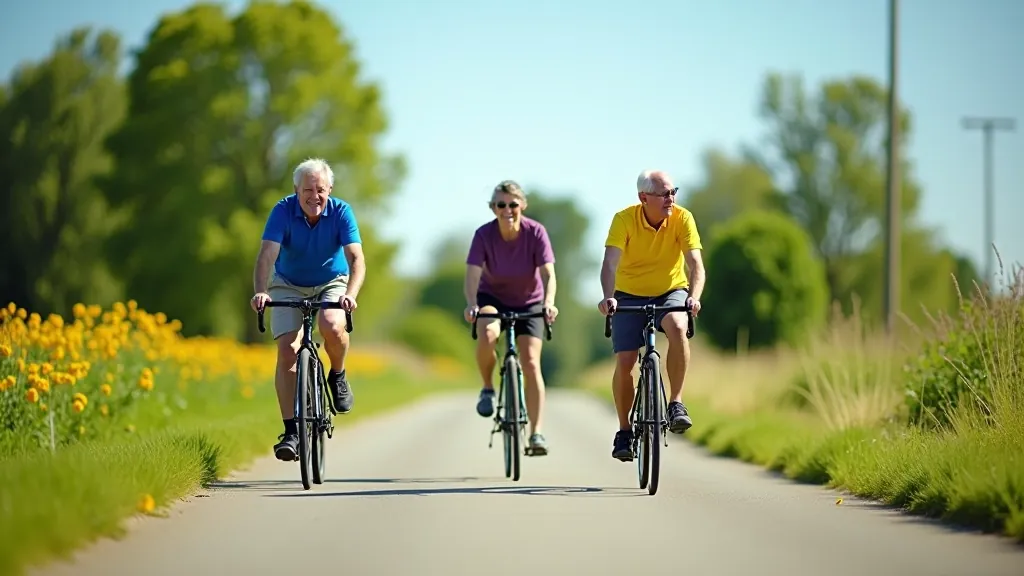 Senior cyclists riding together on a flat path