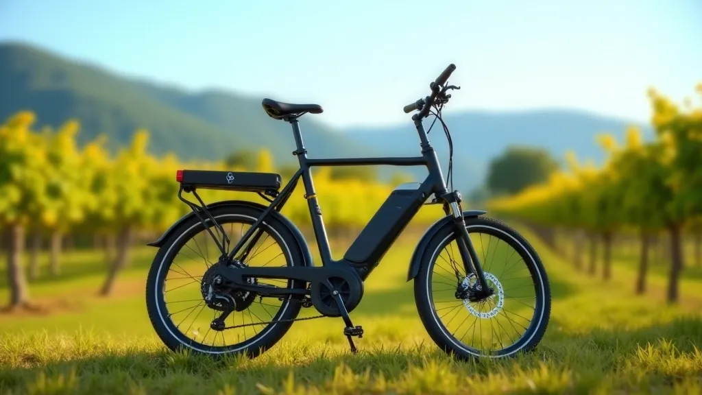 Modern electric bike with pedal-assist system parked on grass with rolling hills in background