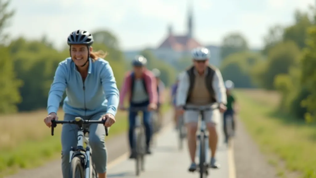 Organized group cycling tour with seniors meeting at starting point