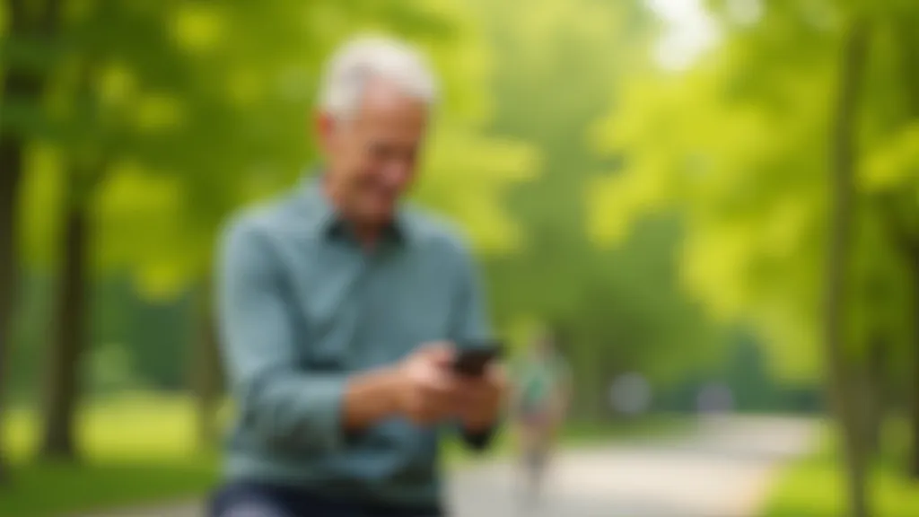 Person in cycling helmet checking mobile phone with cycling route map displayed on screen, sitting on park bench