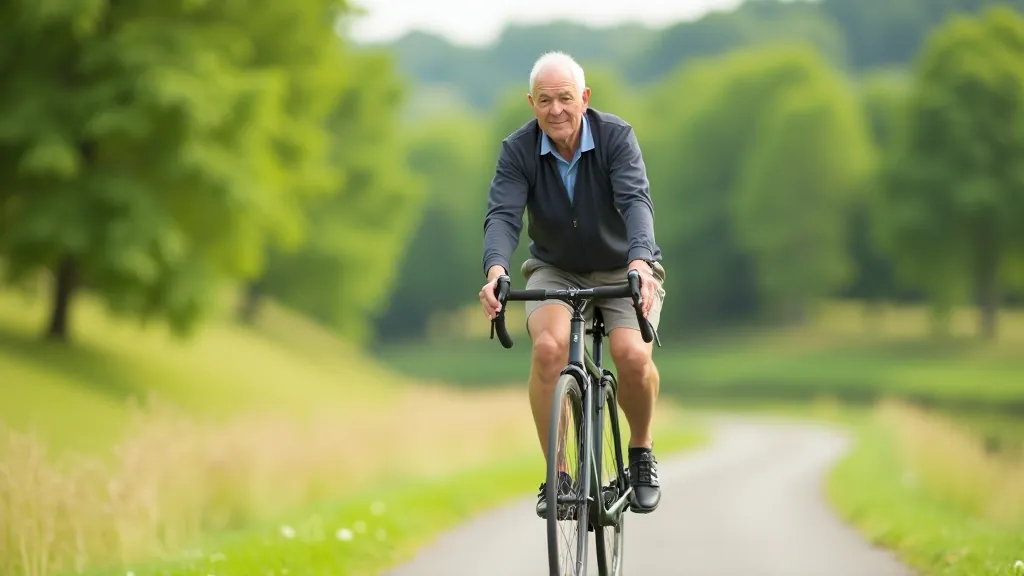 Senior cyclist on flat Elbe cycle path with trees in background