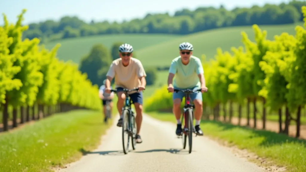 Cyclists riding through vineyard landscape with rolling hills, Moravian wine country, bright sunshine, natural scenic beauty