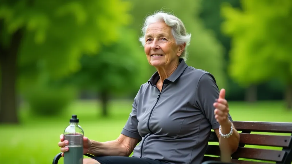 Senior cyclist sitting on bench drinking water after outdoor cycling session, green trees and park path visible
