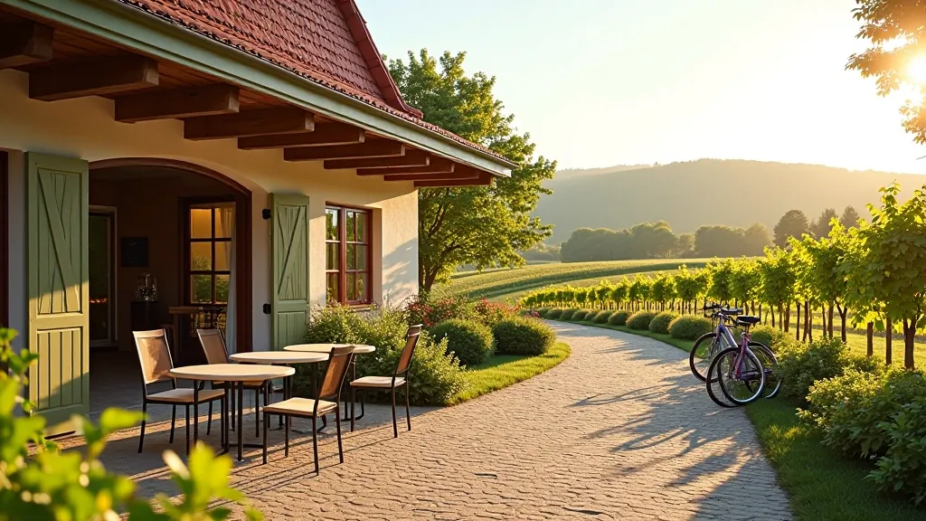 Winery building with outdoor seating area, cyclists' bikes parked nearby, vineyard rows in background, afternoon lighting, welcoming atmosphere
